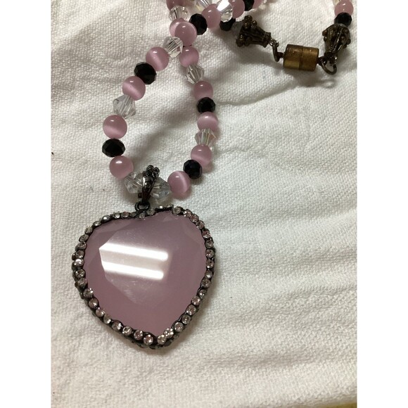 Pink Quartzlike Heart Pendant Necklace with Glass Beads & Magnetic Clasp - Picture 12 of 12